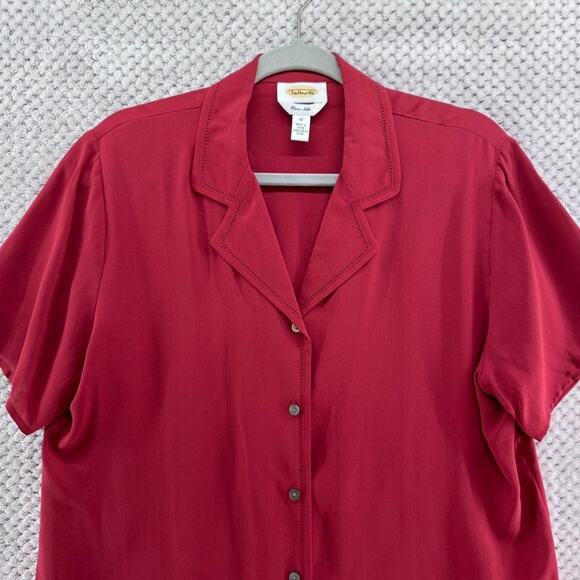 VTG Talbots Top Women 12 Red Pure Silk Button Front Short Sleeve Collared Career - Picture 3 of 11